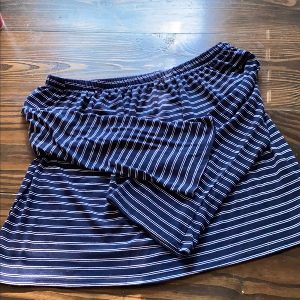 Large off the shoulder blue and white shirt